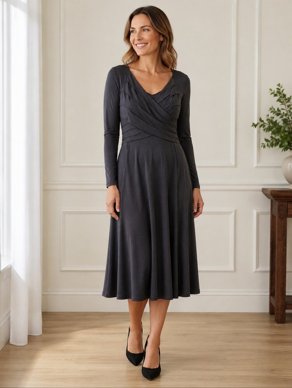 💥 Jones New York - NWOT Dark Gray Long-Sleeve Faux-Wrap Midi Dress